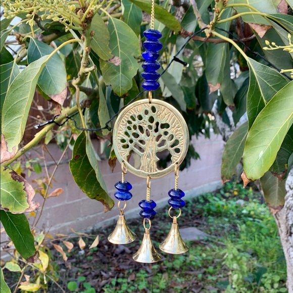 Cobalt Blue Tree of Life Small Wind Chime Sun Catcher Glass Beads & Brass Bells - Picture 4 of 10